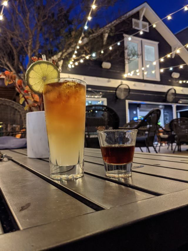 Drinks on the patio at Miss Angeline's in Denton Texas