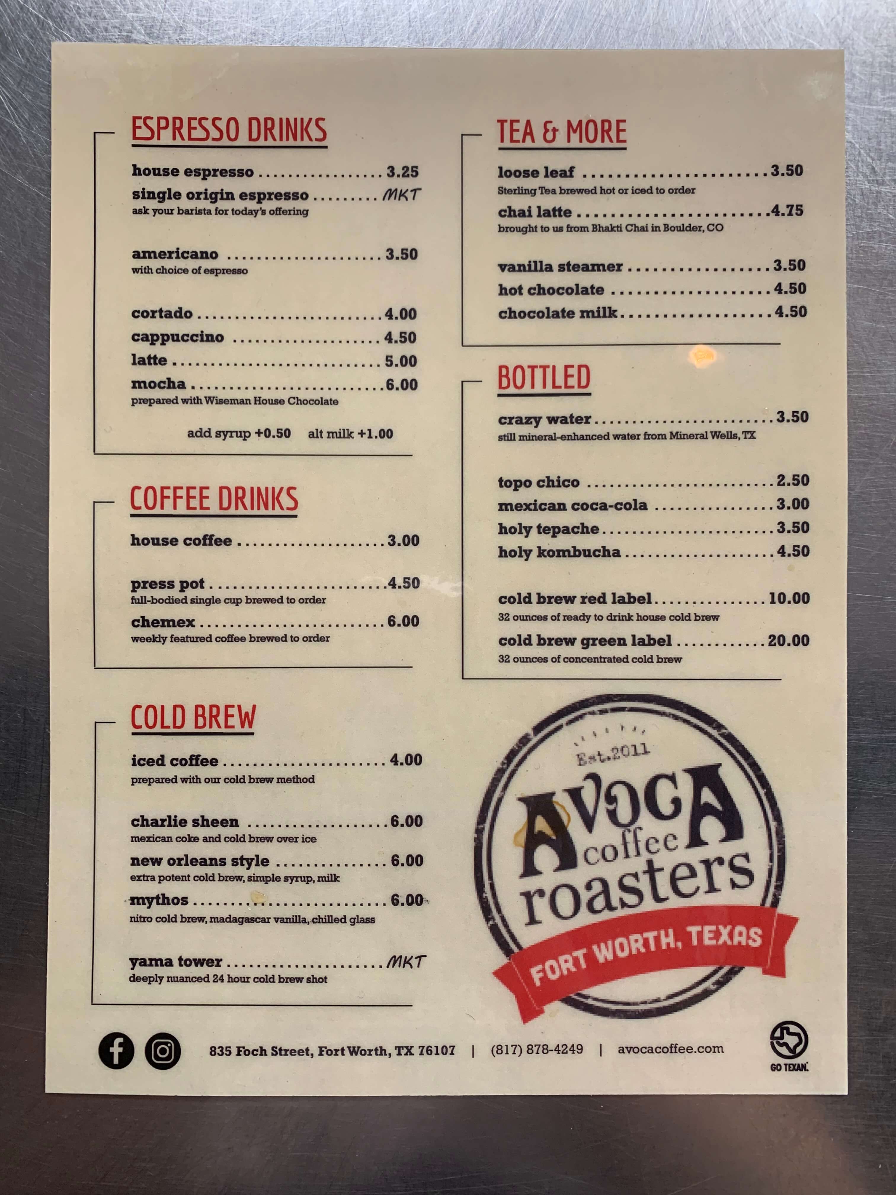 Menu at Avoca Coffee Roasters in West 7th Cultural District, Fort Worth, Texas