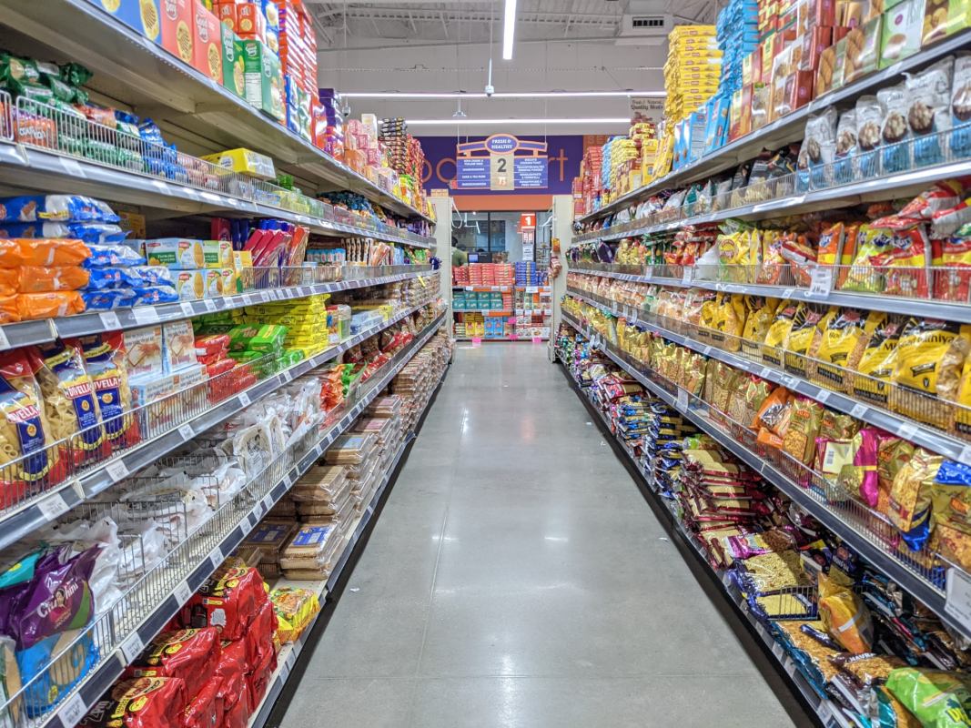 Aisle of food in India Bazaar in Frisco, Texas