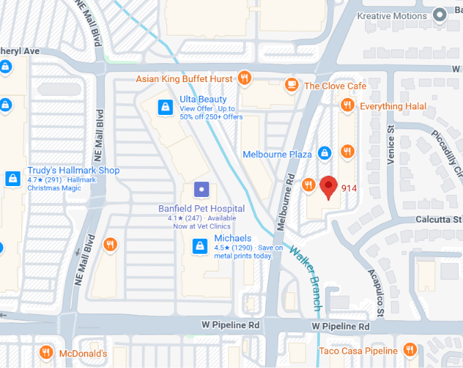 Map indicating the location of various businesses and streets, including Ulta Beauty, Banfield Pet Hospital, Michaels, and Melbourne Plaza. The markers highlight specific addresses along Melbourne Road and Walker Branch.