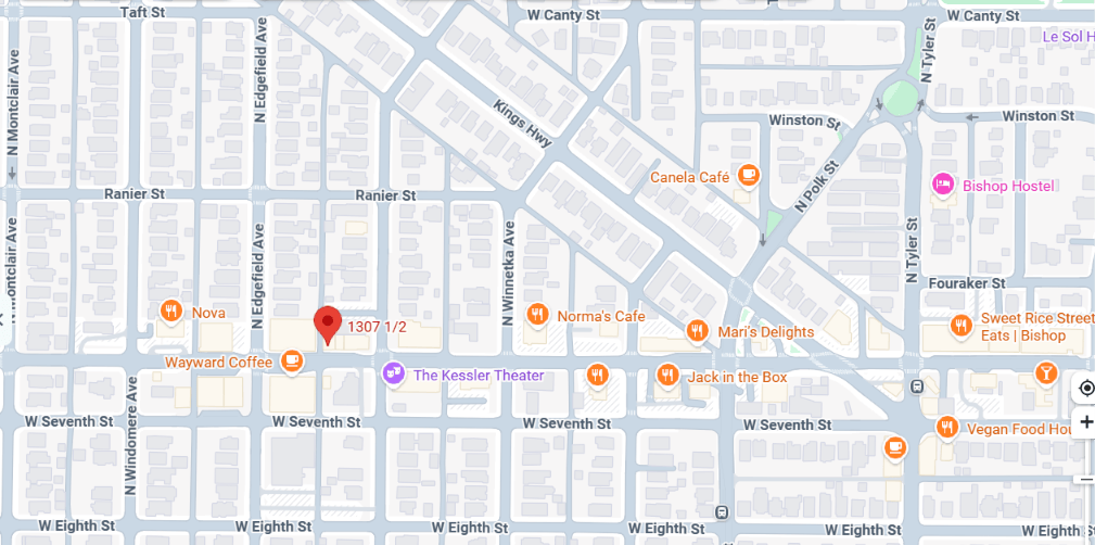 Map showing streets and locations in a neighborhood, including notable places such as Wayward Coffee and The Kessler Theater.