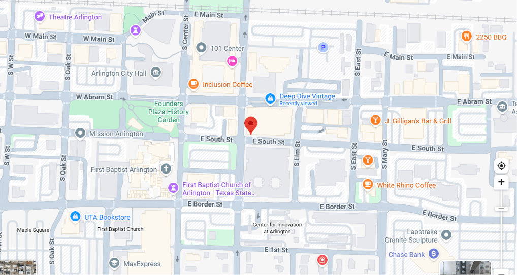 Map view of Arlington, highlighting streets, businesses, and notable landmarks in the area.